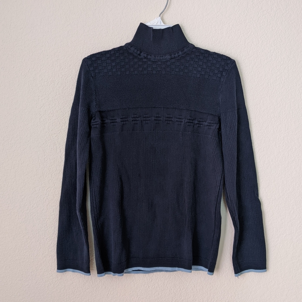 Eagles's Eye Turtleneck Checkered Pattern Sweater Navy Blue Medium